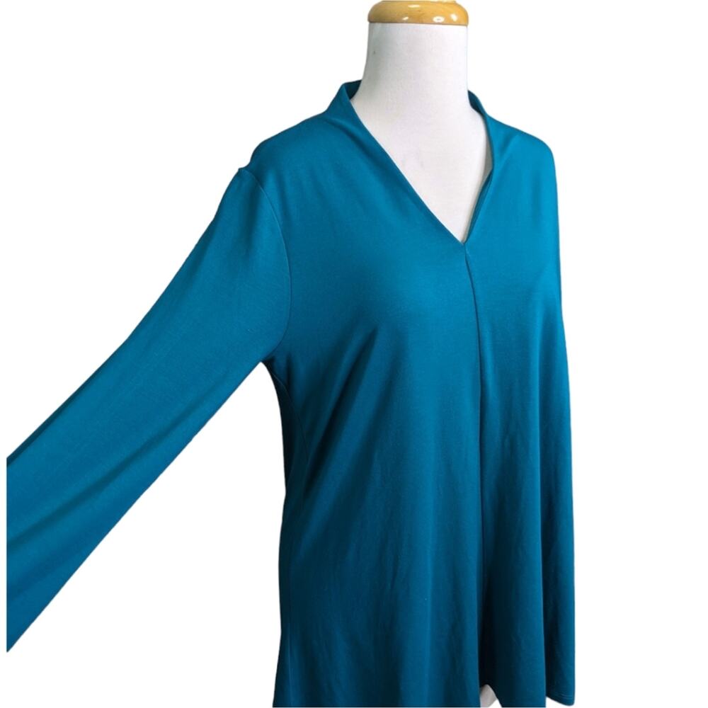 Eileen Fisher Office Business Casual V-Neck Top Small Blue Stretch Pullover
